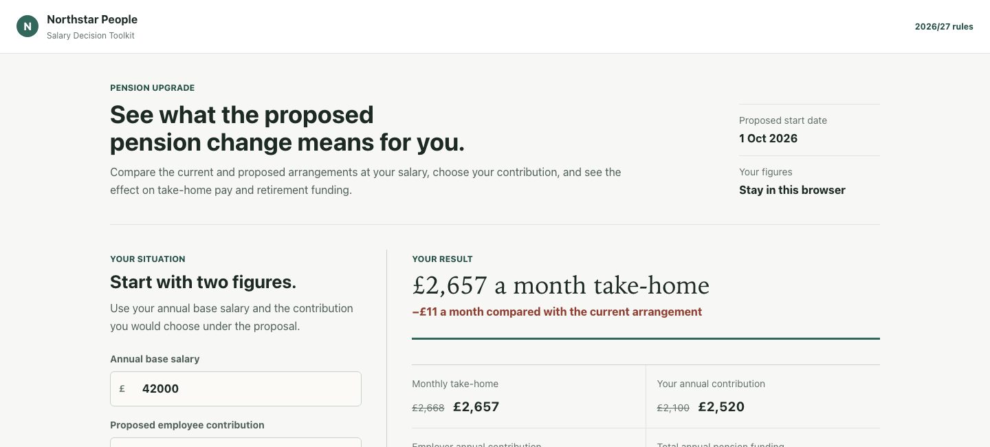 Plainly Pension Change Campaign comparing monthly take-home and pension funding under current and proposed arrangements.